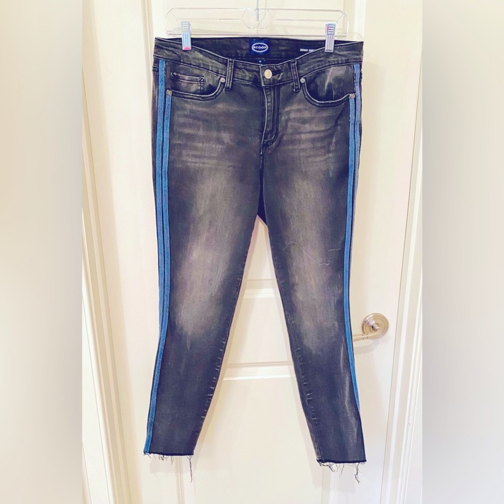 Scoop Skinny Stretch Black Ankle Jeans with Metallic Blue Piping Stripes Sz 10